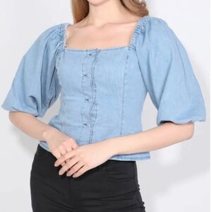 Ballon Sleeve Denim Top